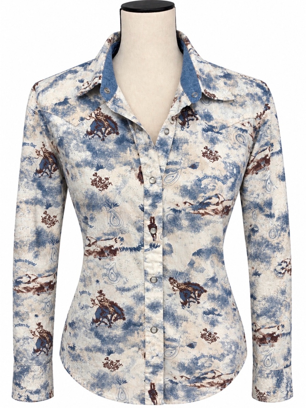 Vtg 90’s Wrangler Blues Western-Inspired Button-Down Cowgirl Shirt Blue LG